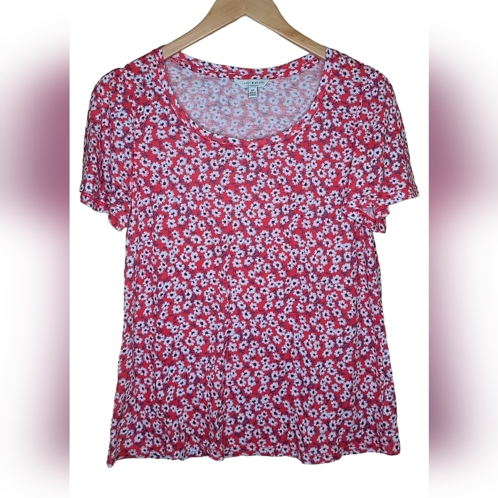 Lucky Brand Red Floral Short Sleeve Shirt Scoop Neck Cotton Stretch Womens Small